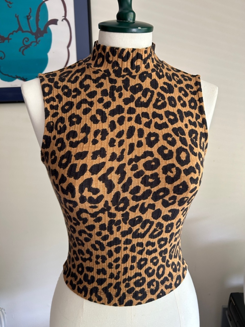 Leopard Print Fitted Mock-Neck Sleeveless Tank by Edited